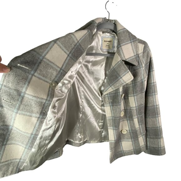 Old Navy Women Plaid Gray White Light blue Silky liner Coat Jacket Sz Small - Picture 2 of 13